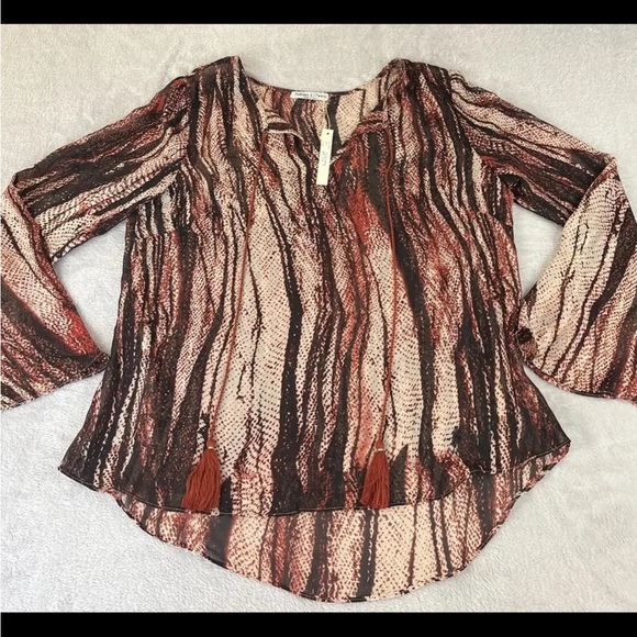 Julian Love womens long sleeve see through red clay blouse size Large - Picture 2 of 5